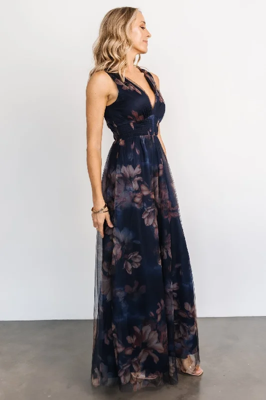 Kamila Tulle Maxi Dress | Dark Blue Floral