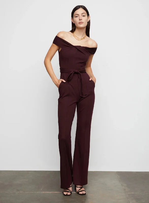 Isabella Off The Shoulder Ponte Knit Jumpsuit in Burgundy