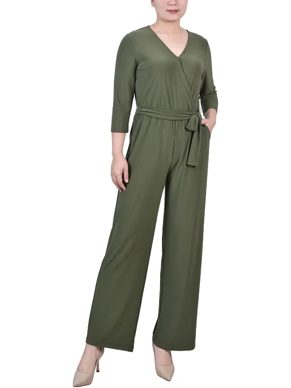 Petites Womens Belted Wide Leg Jumpsuit