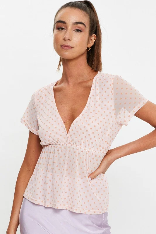 Pink Short Puff Sleeve Jersey Mesh Spot Flare Hem Top