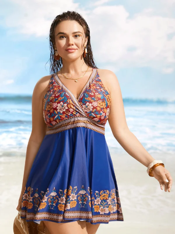 Boho Print Overlap Collar Gathered Swim Dress